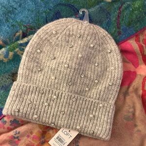 LOFT Light Gray Beanie with Pearls and Rhinestones NEW